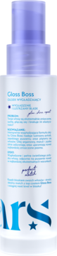 Gloss Boss olejek wygładzający w białej butelce z fioletową pompką. Widok z przodu, czytelna etykieta z tekstem.