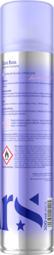 Tył fioletowego odświeżacza powietrza Den Boss 300 ml. Widoczne instrukcje, symbol łatwopalności i logo 'rs'.