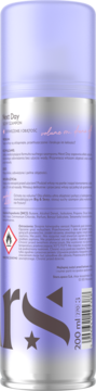 Tył fioletowego suchego sprayu do włosów Next Day 200 ml, z napisem "volume on touch", kodem kreskowym i symbolem płomienia.