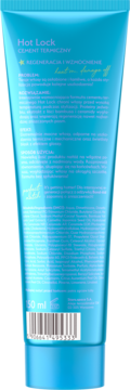 Tył turkusowej tubki cementu termicznego Stars Hot Lock, z tekstem o regeneracji włosów i ochronie przed ciepłem.