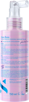 Tył różowej butelki sprayu Gloss Boss 150ml do włosów, z pompką, widoczne napisy o działaniu przeciw puszeniu i nadającym blask.
