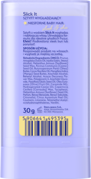 Tył fioletowego sztyftu Slick It 30g do wygładzania baby hair, z listą składników i kodem kreskowym.