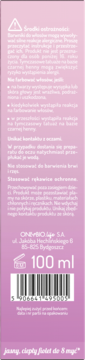Tył tonera OnlyBio Hair In Balance 100 ml, z informacją o jasnym, ciepłym fiolecie do 8 myć i ostrzeżeniami.