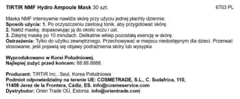 TIRTIR NMF Hydro Ampoule Mask, 30 szt., zbliżenie na tył z polskimi instrukcjami i opisem.