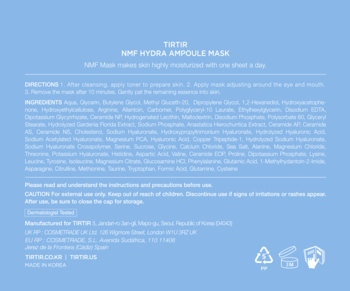 Tył jasnoniebieskiego opakowania maski TIRTIR NMF Hydra Ampoule Mask z białym tekstem: składniki, użycie.