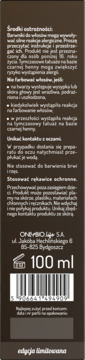 Toner do włosów Hair in Balance by OnlyBio Gorzka Czekolada, tył ciemnego opakowania z ostrzeżeniami i 100 ml.