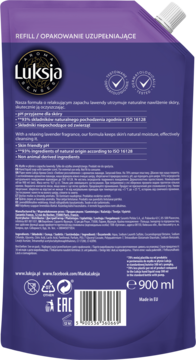 Tył fioletowego opakowania uzupełniającego Luksja płyn lawendowy 900ml, z kodem kreskowym i składem.
