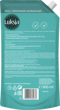Tył zielono-niebieskiej saszetki Luksja 900ml. Pielęgnujący płyn do mycia ciała refill, z listą składników i korkiem.