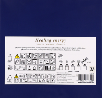 Tył granatowego opakowania zestawu Eloy dyfuzor zapachowy i świeczki, z tekstem "Healing energy", instrukcjami i kodem.