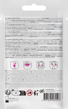 Tył opakowania liftingujących płatków pod oczy érnè Cryo Collagen Lift & Renew z opisem, składem i instrukcjami.