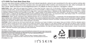 Tył białego opakowania maseczki It's Skin Aloe, z listą składników, instrukcjami użycia i ikonami recyklingu.