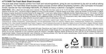Tył opakowania nawilżającej maseczki It's Skin Avocado, widoczne instrukcje, skład i kod kreskowy.