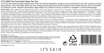 Tył opakowania maski w płachcie It's Skin Tea Tree z listą składników, instrukcjami i kodem kreskowym.