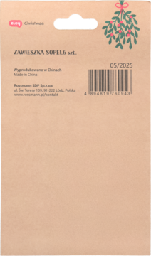 Tył kartonowego opakowania zawieszki sopel Eloy Christmas, 6 szt., z logo, ilustracją jemioły i kodem.