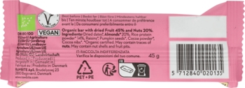 Tył opakowania batona Rawbite Protein Crunchy Almond 45g. Różowe tło, logo Vegan, składniki organiczne, kod EAN.