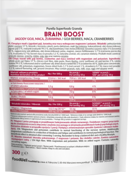 Tył białej torebki Purella Brain Boost Granola z jagodami goji, maca, żurawiną, widoczne wartości odżywcze.