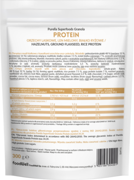Tył białej saszetki Purella Superfoods Granola Protein 300g z tabelą wartości odżywczych i składnikami.