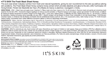 Tył opakowania maski w płachcie It's Skin Honey, z listą składników, kodem kreskowym i logo marki.