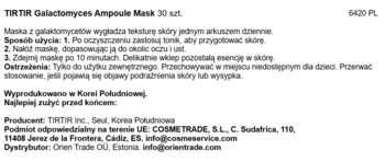 Etykieta masek TIRTIR Galactomyces Ampoule Mask 30 szt., z opisem użycia i składników, białe tło, czarny tekst.