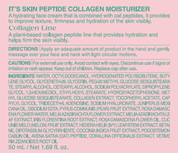 Etykieta IT'S SKIN Peptide Collagen Moisturizer, różowa, z białym tekstem i listą składników produktu.