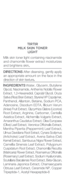TIRTIR Milk Skin Toner Light, widok z tyłu butelki z gęstą listą składników i instrukcją użycia.