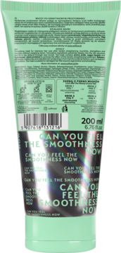 Tył jasnozielonej tubki maski do włosów so!flow po keratynie, z opisem i holograficznym napisem 'Smoothness'.