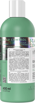 Tył zielonej butelki szamponu so!flow Scalp Control do przetłuszczającej się skóry głowy, widok na etykietę z opisem.