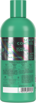 Tył zielonego szamponu so!flow Scalp Control dla przetłuszczającej się skóry głowy, z hologramem, składem i kodem kreskowym.