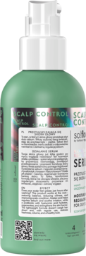 Tył zielonej butelki so!flow Scalp Control serum z białą pompką. Etykieta z opisem działania na przetłuszczającą się skórę głowy i QR kodem.
