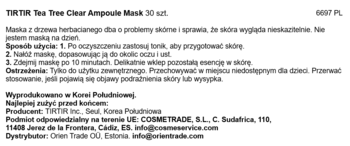 Bliski kadr etykiety maski TIRTIR Tea Tree Clear Ampoule Mask z instrukcją i opisem produktu PL.