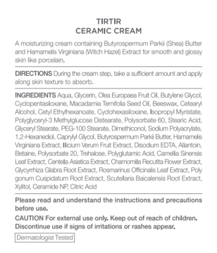 Tył opakowania kremu TIRTIR Ceramic Cream z listą składników i instrukcjami, widok z bliska na białe tło.