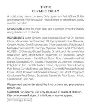 TIRTIR Ceramic Cream, tył opakowania z pełną listą składników, instrukcją i informacją 'Dermatologist Tested'.