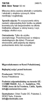 Tył opakowania TIRTIR Milk Skin Toner 50ml, z polskim tekstem opisującym właściwości nawilżające i użycie.