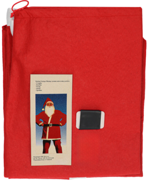 Czerwony worek Mikołaja z kostiumu, z etykietą z Mikołajem i czarnym elementem paska, widok z góry.