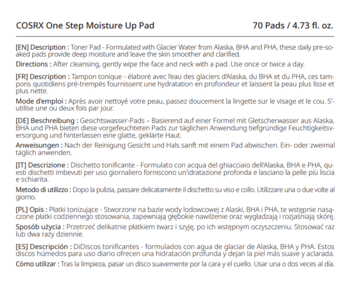 Szczegółowy opis wielojęzyczny (EN, FR, DE, IT, PL, ES) Cosrx One Step Moisture Up Pad na białej etykiecie.