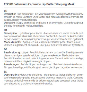 Etykieta COSRX Balancium Ceramide Lip Butter Sleeping Mask, opis nawilżającej maski do ust w 4 językach.