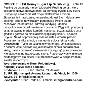 Etykieta COSRX Full Fit Honey Sugar Lip Scrub 20g, białe tło z czarnym tekstem PL, opis produktu i skład.