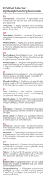 Opis produktu COSRX Lightweight Soothing Moisturizer w wielu językach, czarny tekst na białym tle.
