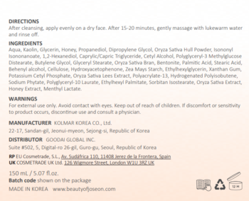 Tył opakowania Beauty of Joseon Ground Rice and Honey Glow Mask z listą składników, instrukcjami i ostrzeżeniami.