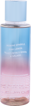Tył butelki Victoria's Secret Velvet Petals Splash z niebiesko-różowym ombre i nutami zapachu jaśminu i cytryny.