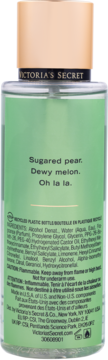 Tył mgiełki Victoria's Secret Pear Glace w zielonej butelce, widoczne nuty zapachowe i składniki.