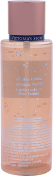Tył butelki Victoria's Secret Smokey Vanilla Midnight Orchid mgiełki do ciała, karmelowy płyn z brokatem i różową nakrętką.