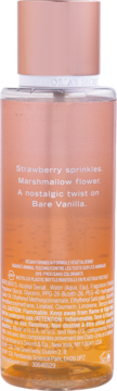Tył mgiełki Victoria's Secret Bare Vanilla Candied z truskawką i wanilią. Pomarańczowa butelka, miedziana nakrętka.