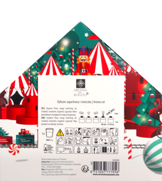 Tył świątecznego opakowania dyfuzora zapachowego Aroma Home z instrukcjami i grafiką wesołego miasteczka.