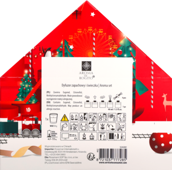 Tył czerwonego, świątecznego opakowania zestawu dyfuzora i świeczek, z ikonami instrukcji i logo.