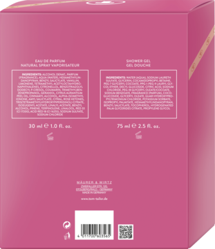 Tył różowego zestawu Tom Tailor HAPPY TO BE z perfumami i żelem, widoczne składniki i objętości.