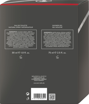 Tył ciemnoszarego opakowania TOM TAILOR ADVENTUROUS EXTREME, z listami składników EDT 30ml i żelu 75ml.