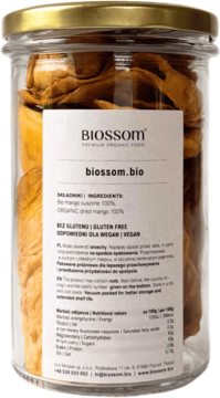 Biossom Bio suszone mango 100% organiczne, bezglutenowe, w szklanym słoju, widok z przodu.