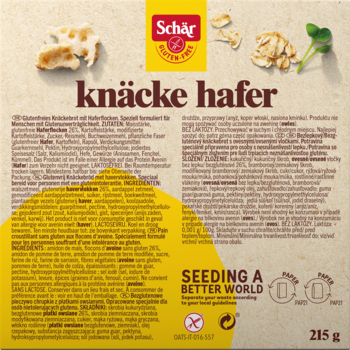 Żółty tył opakowania Schär knäcke hafer, bezglutenowego pieczywa chrupkiego owsianego. Widok z bliska, skład i witaminy.