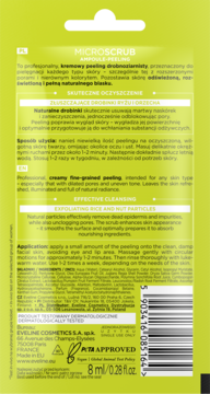 Tył zielonego peelingu Eveline Microscrub Ampoule z ryżem i orzechem, widoczny dwujęzyczny opis działania produktu.